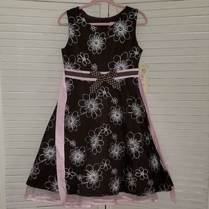 Girls Rare Too Pink and Brown Embroidered Floral Dress - Size 7
